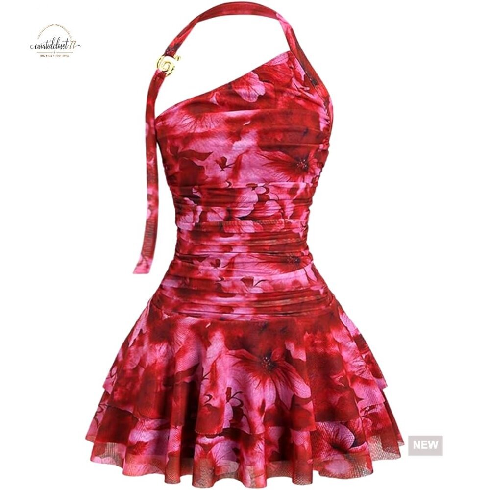 Floral Halter Mini Dress Backless Ruffle Beach Casual Fit & Flare